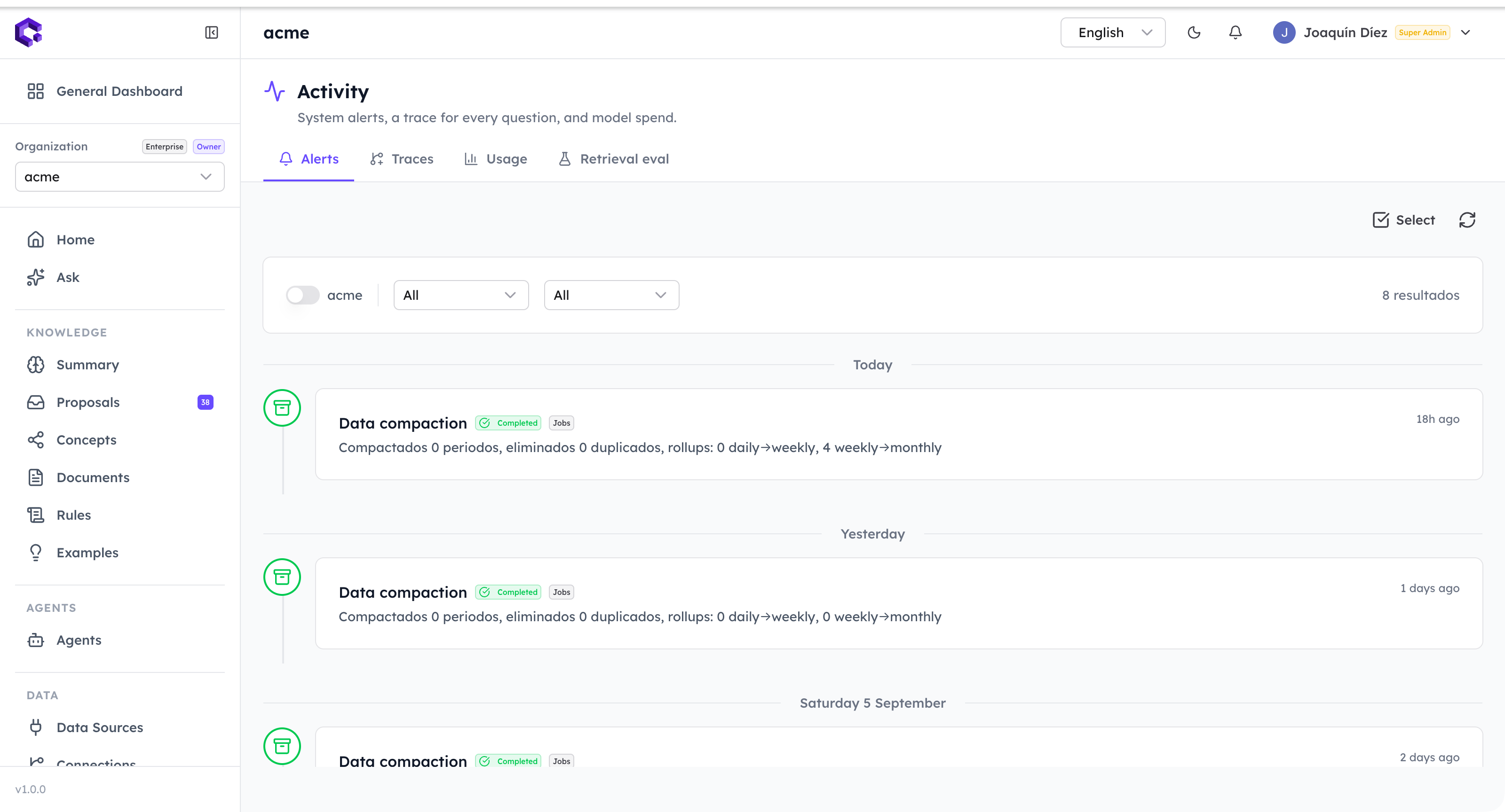 The Calliope Data activity view