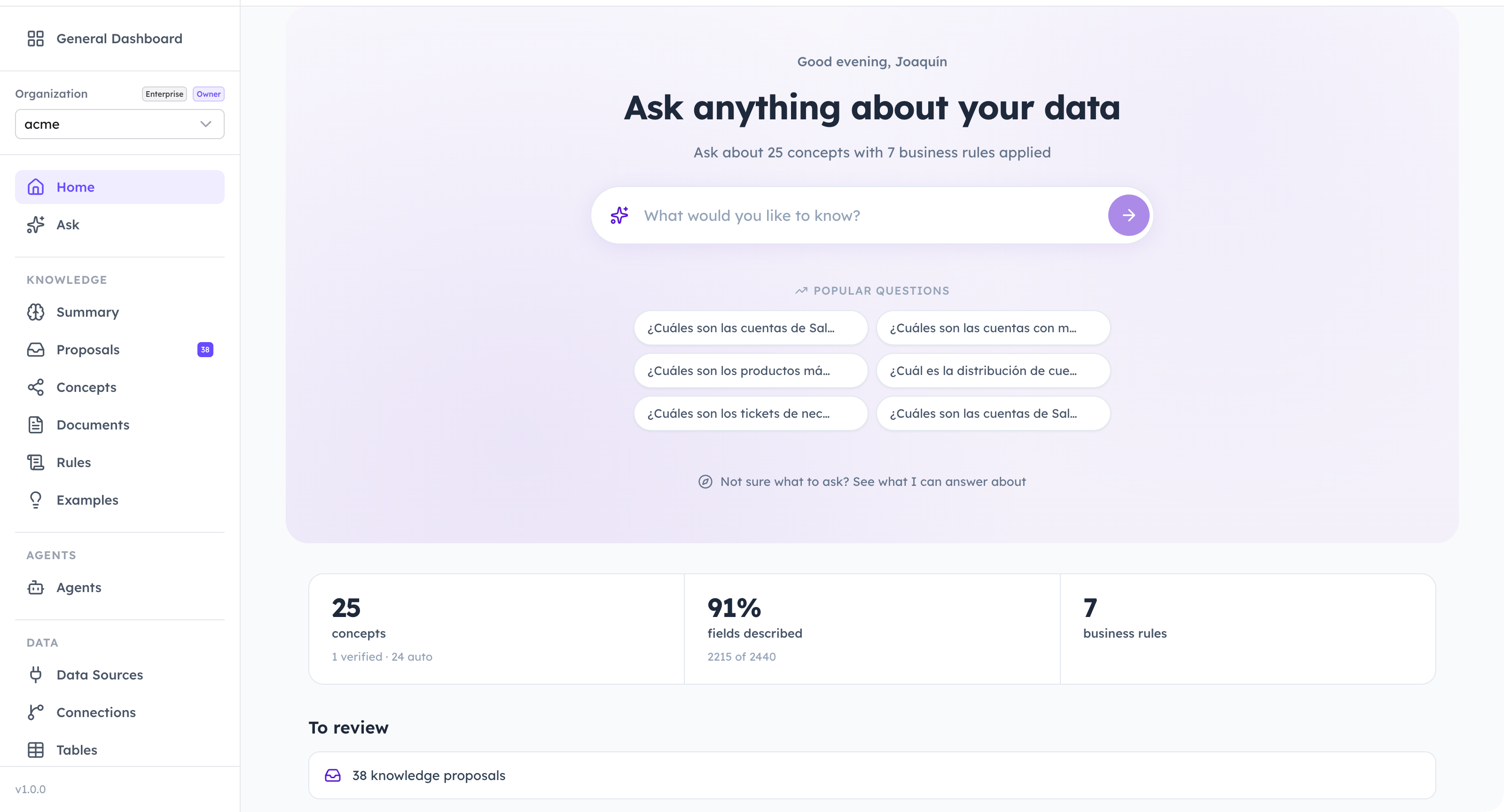 The Calliope Data home screen